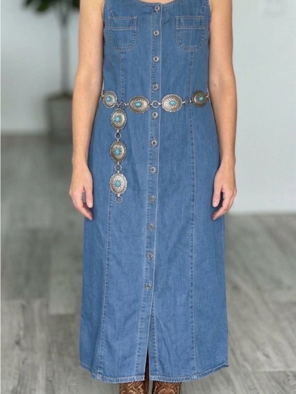Expressions 100% Cotton Sleeveless Button-Front Denim Maxi Dress in Blue